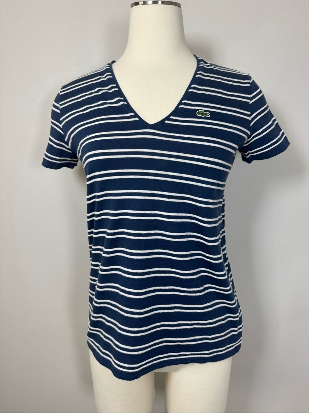 Lacoste Navy & White Striped V-Neck Tee with Crocodile Logo